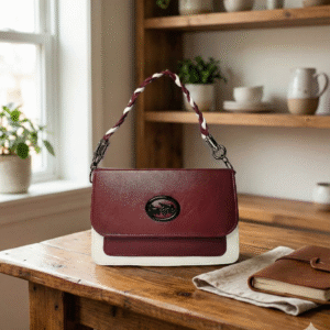 Elegant Maroon & White Two-Tone Handbag with Braided Handle