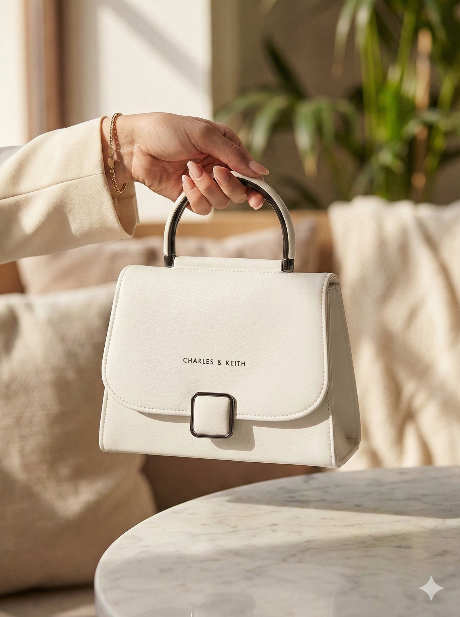 Classic White Charles & Keith Metal Handle Handbag