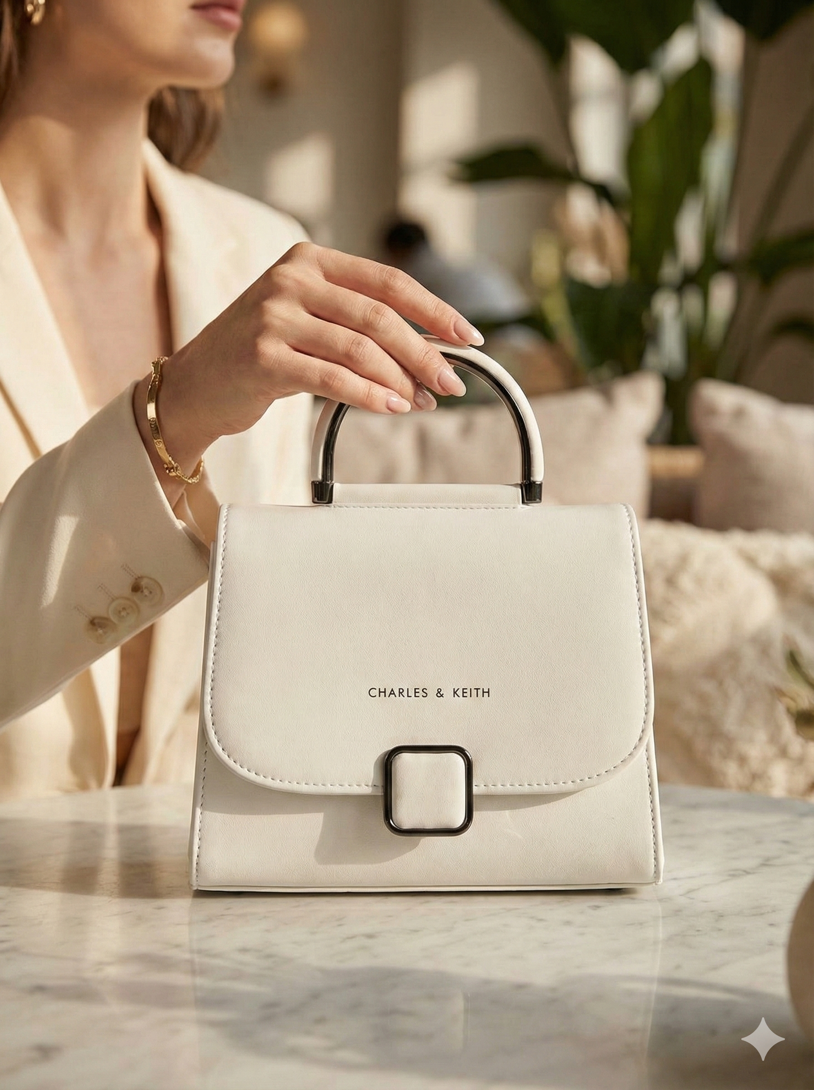 Classic White Charles & Keith Metal Handle Handbag - Image 2