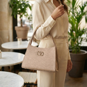 Blush Beige Floral-Embossed Structured Handbag with Dual Top Handles