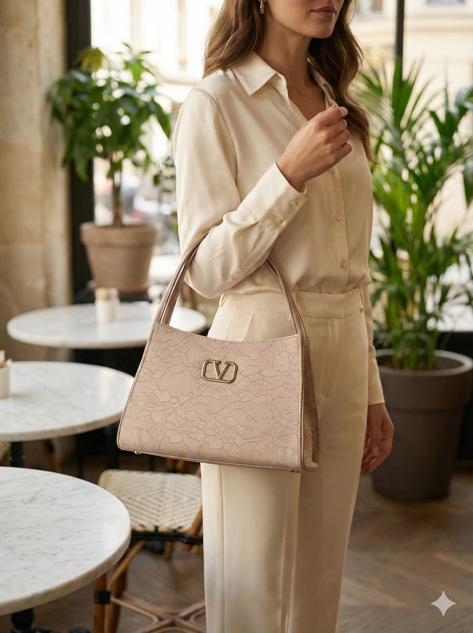 Blush Beige Floral-Embossed Structured Handbag with Dual Top Handles