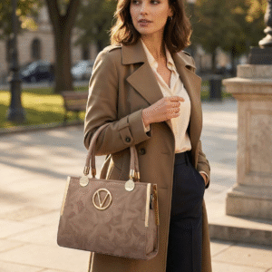 Elegant Brown Textured Handbag with Metallic V Logo & Premium Handles