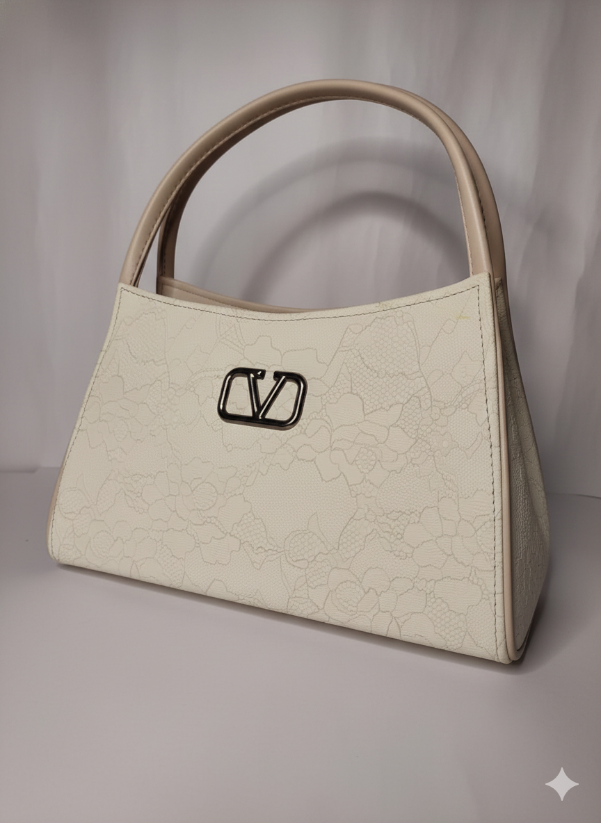 Ivory Floral-Embossed Dual Handle Structured Handbag - Image 3
