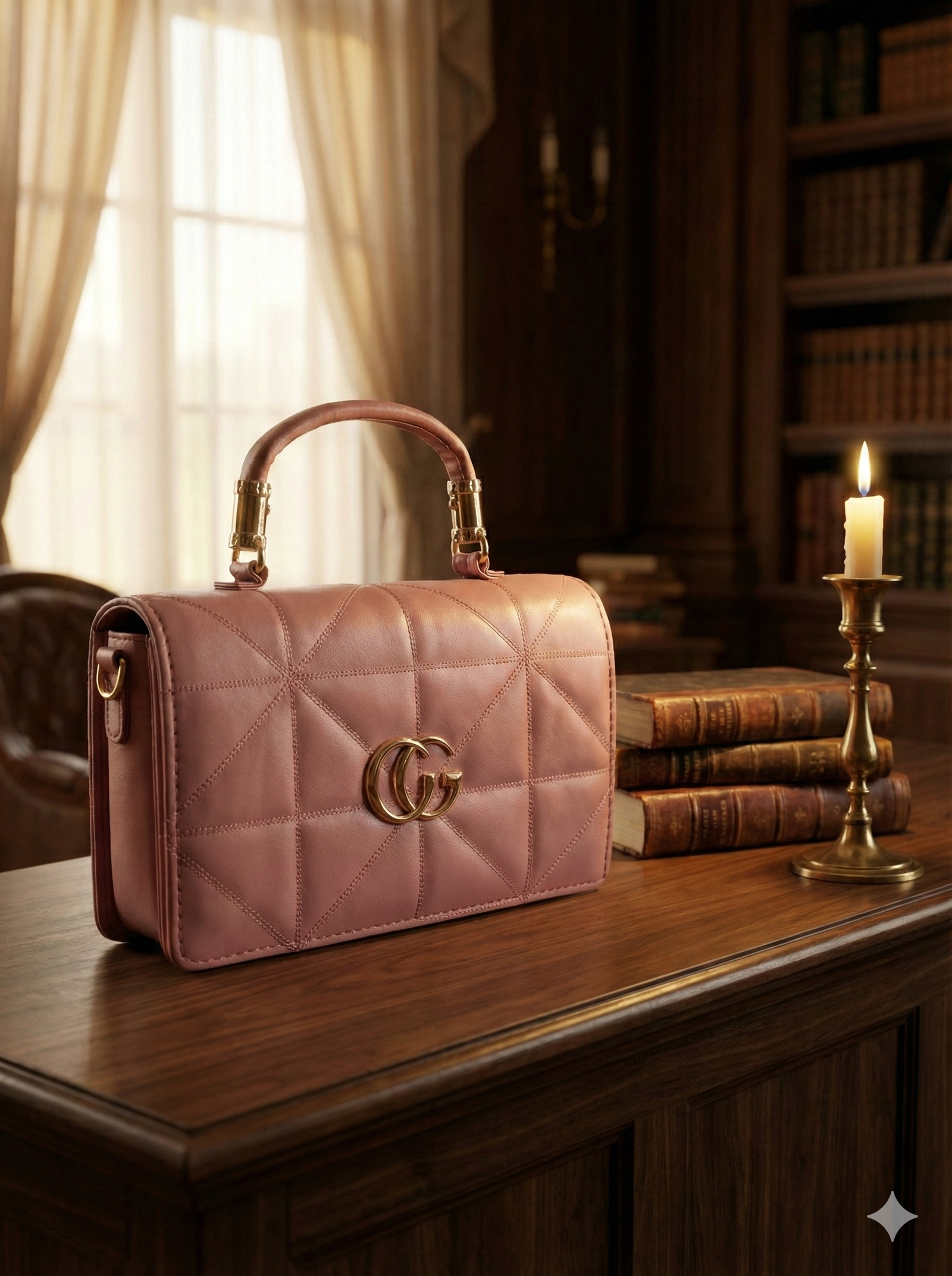Elegant Pink Quilted Handbag with Gold Accent Logo & Top Handle - Image 2