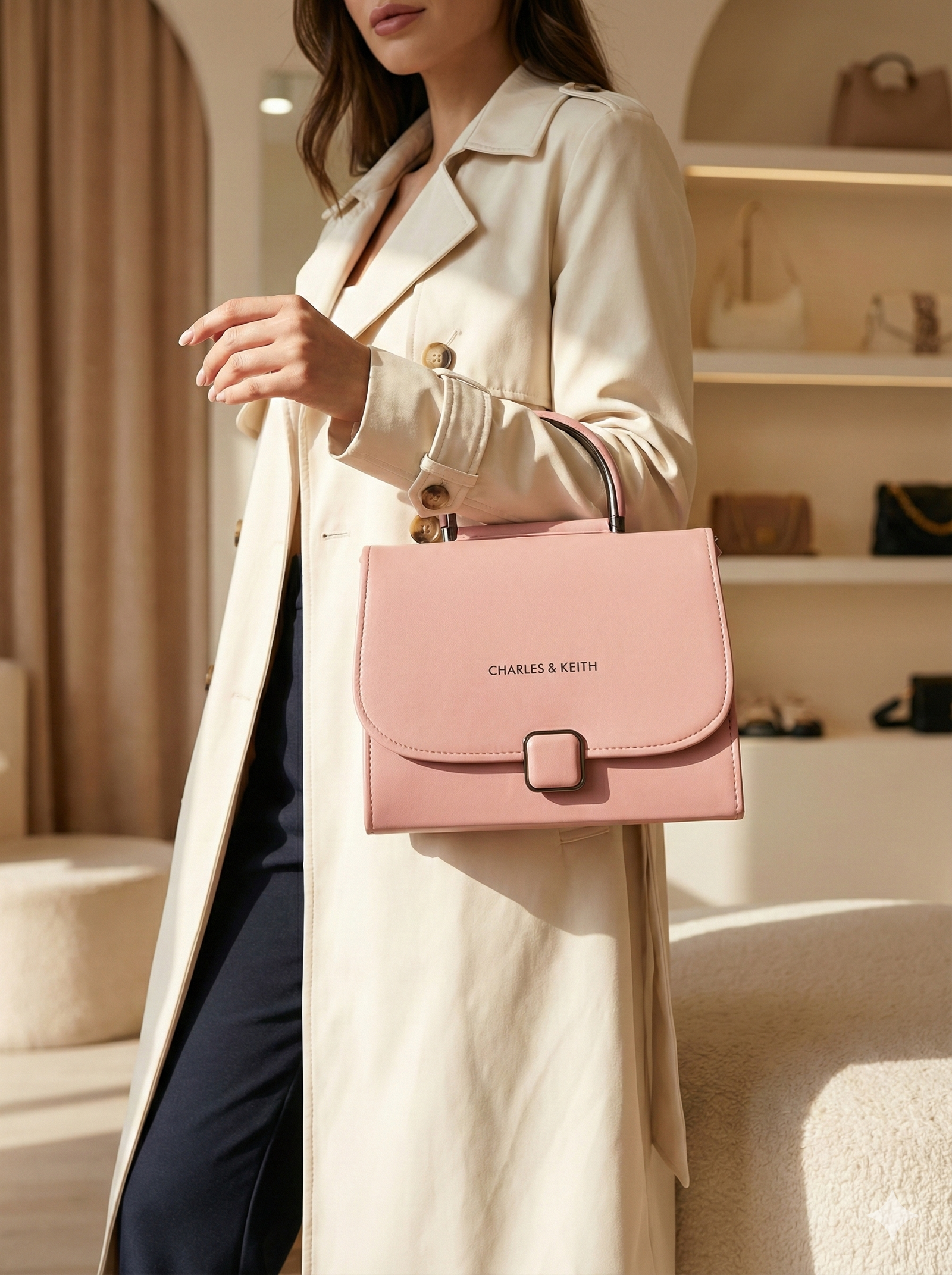 Blush Pink Charles & Keith Structured Metal-Handle Handbag