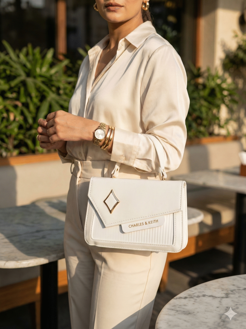 Elegant White Charles & Keith Structured Handbag