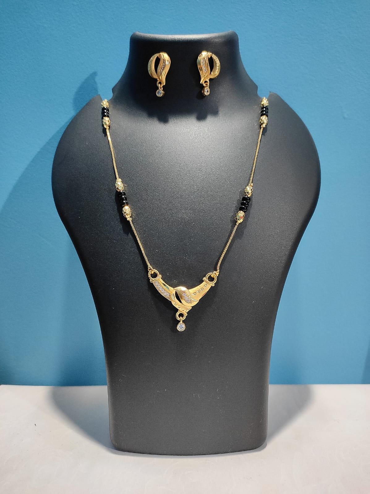 Designer Gold Plated Mangalsutra with Matching Earrings Set - Image 3