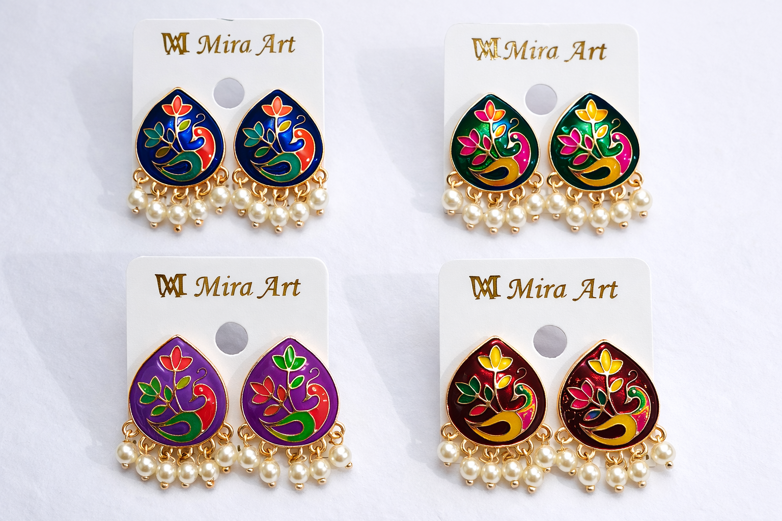 Meenakari Peacock Pearl Drop Earrings Pack of 4 for Women | Mira Art