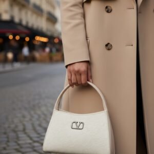 Ivory Floral-Embossed Dual Handle Structured Handbag