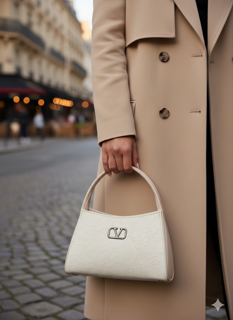 Ivory Floral-Embossed Dual Handle Structured Handbag