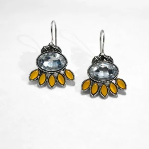 Oxidised Silver Drop Earrings for Women | Yellow Stone Antique Earrings | Party & Ethnic Wear