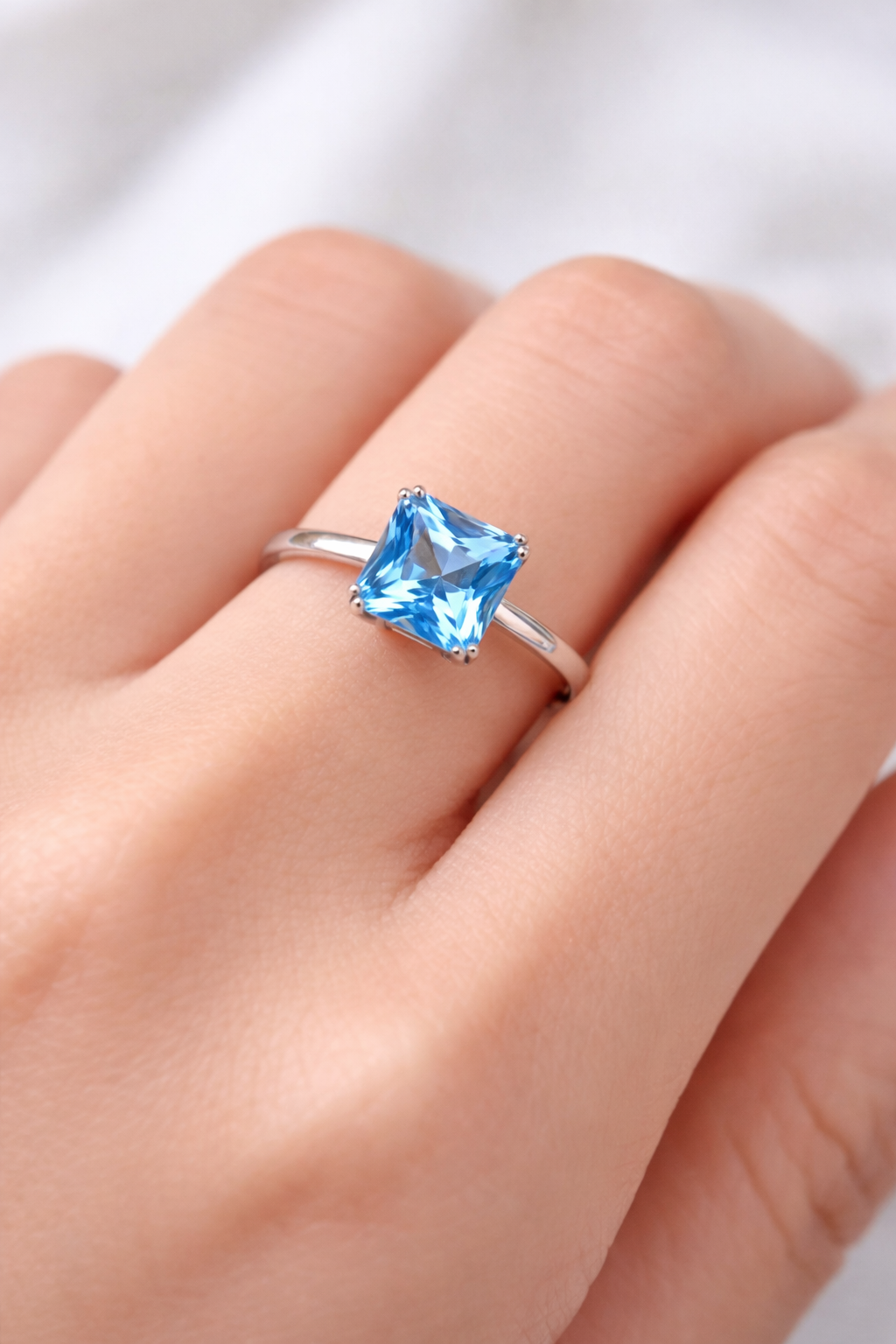 Blue Square Stone Anti Tarnish Silver Ring for Women | Premium Shine & Modern Design