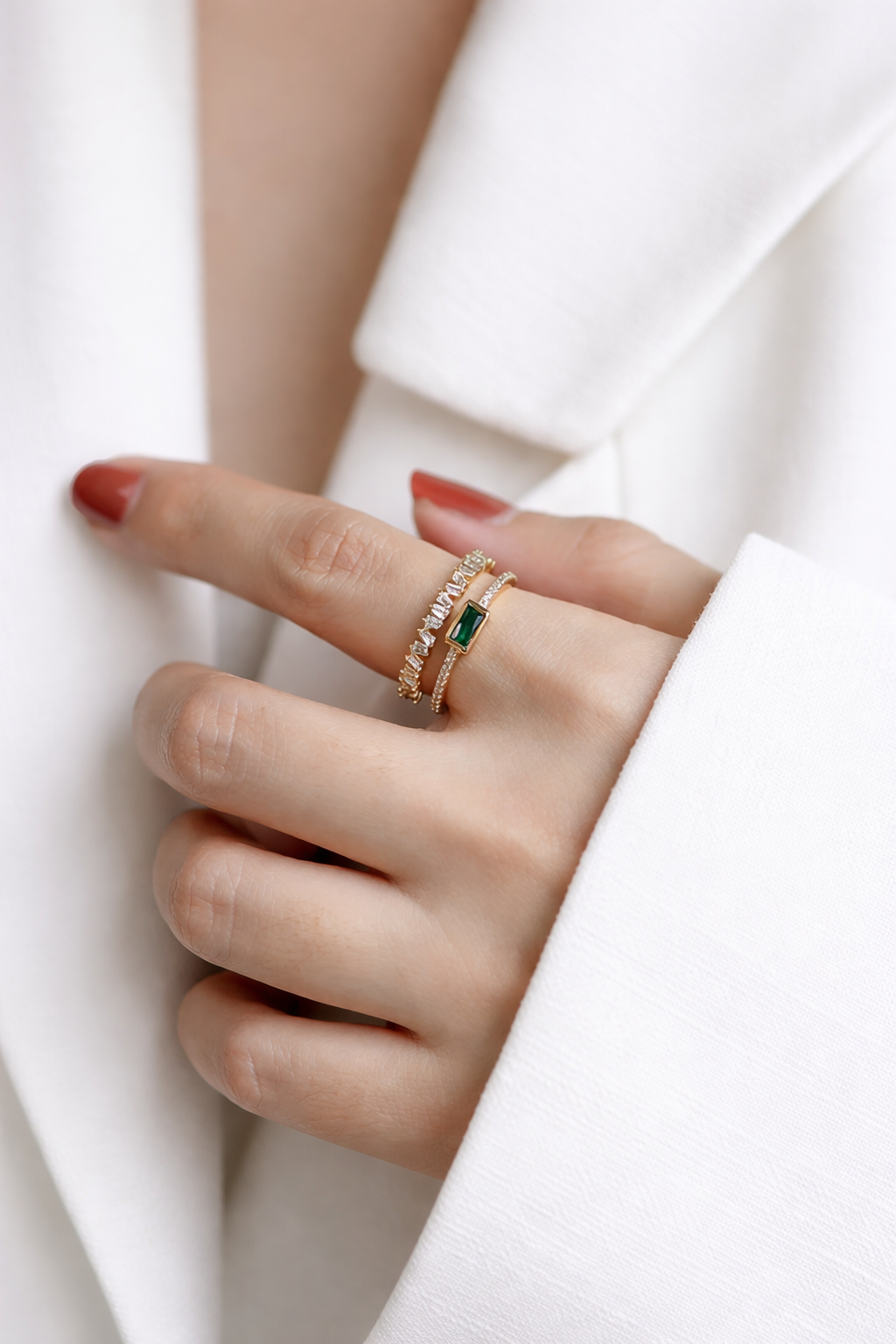 Anti-Tarnish Gold Finish Adjustable Ring with Green Stone | Minimal Stacking Ring for Women - Image 2