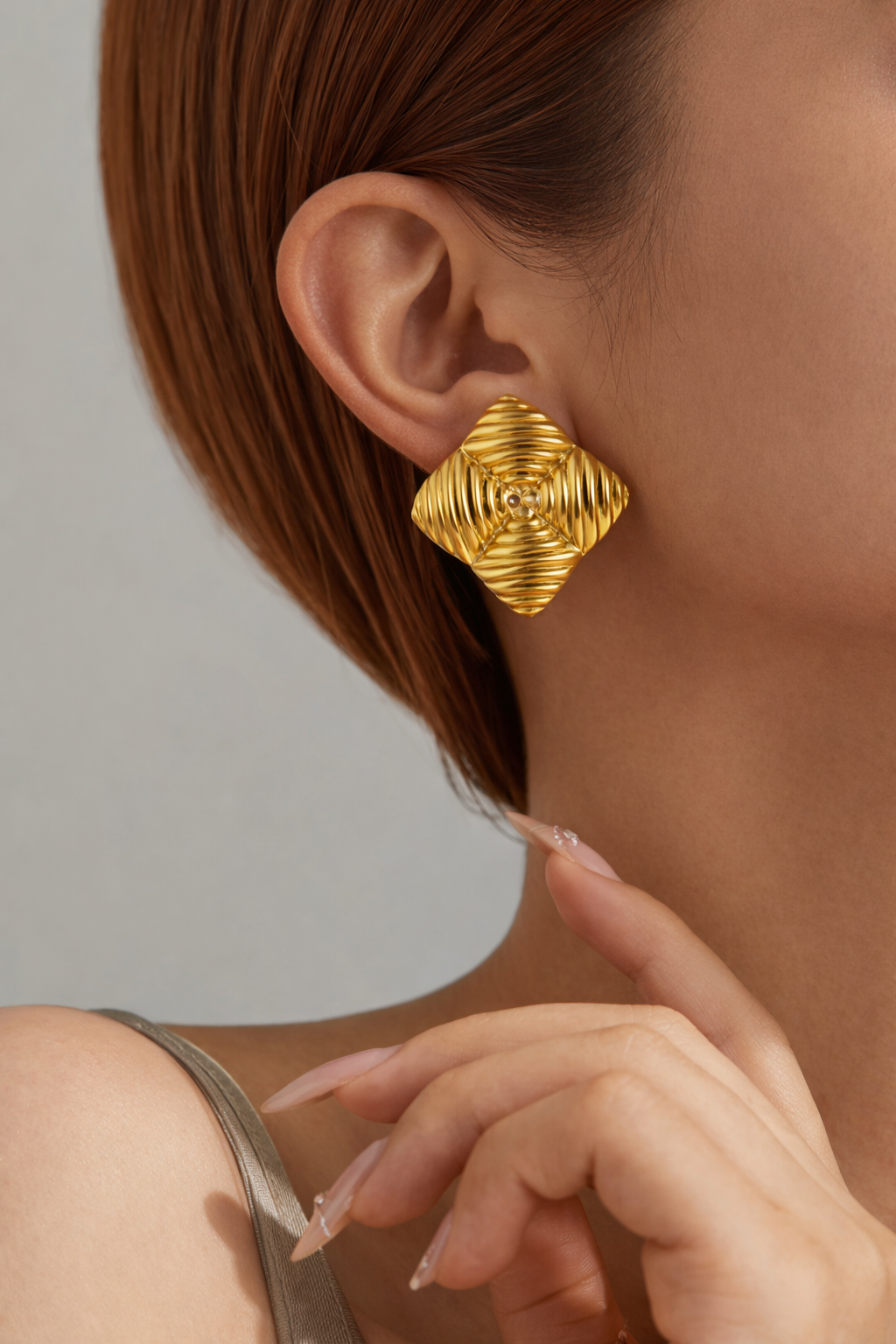 18K Gold Plated Square Spiral Earrings for Women | Designer Statement Party Wear Earrings - Image 2