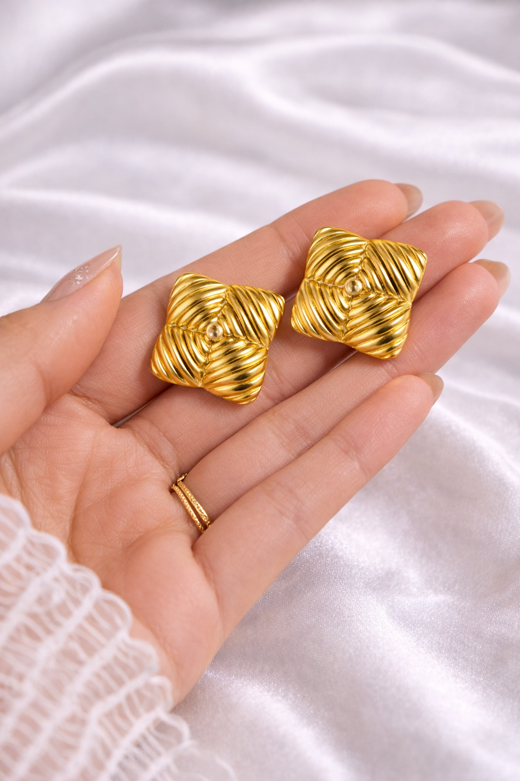 18K Gold Plated Square Spiral Earrings for Women | Designer Statement Party Wear Earrings - Image 3