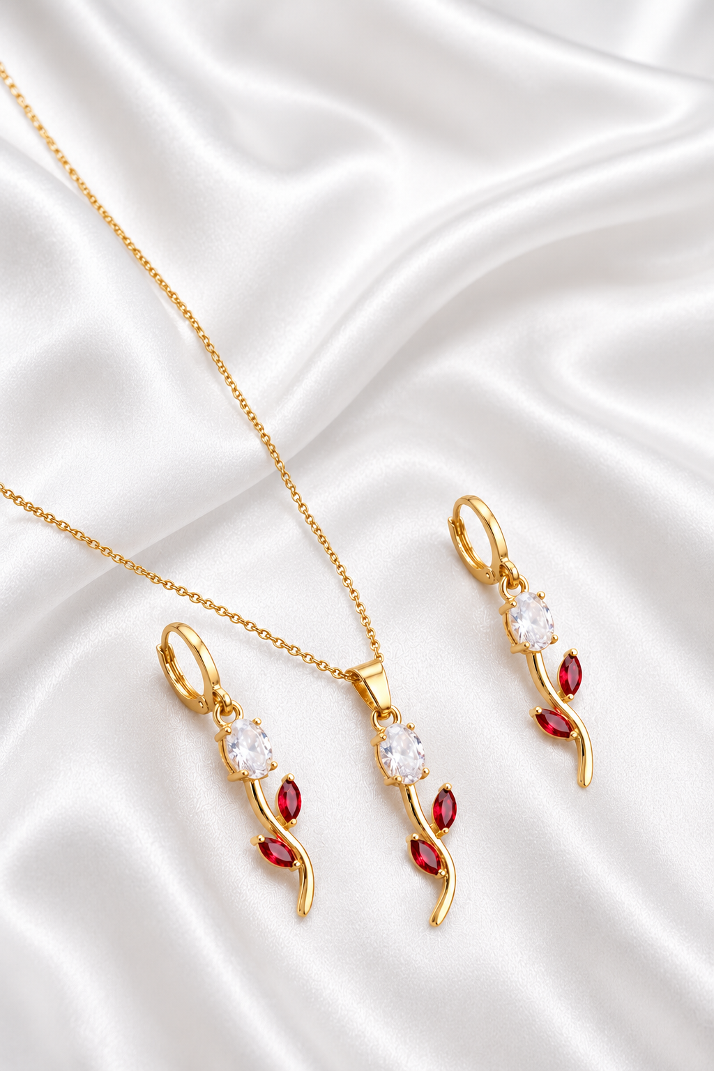 Red Tulip Chain with Earrings Set for Women & Girls | Elegant Floral Pendant Necklace | Trendy Fashion Jewelry Gift - Image 3
