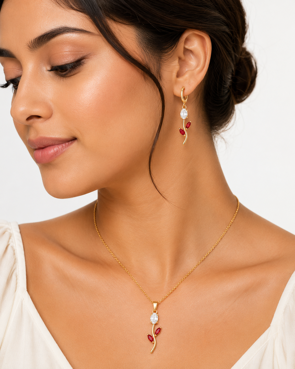 Red Tulip Chain with Earrings Set for Women & Girls | Elegant Floral Pendant Necklace | Trendy Fashion Jewelry Gift - Image 2
