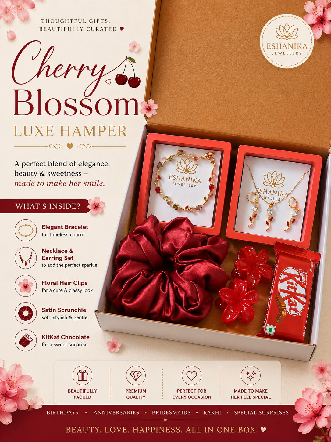 Cherry Blossom Luxe Hamper | Premium Gift Box with Anti Tarnish Jewellery | Eshanika Jewellery