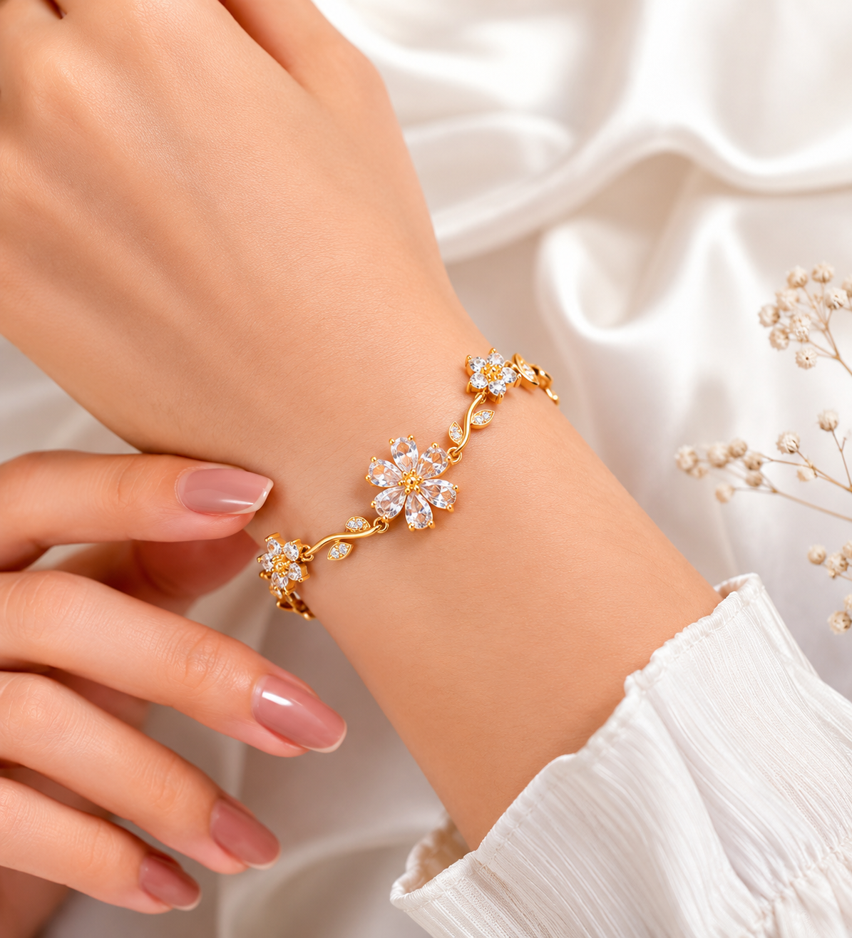 White Crystal Flower Tulip Anti Tarnish Bracelet for Women - Image 4