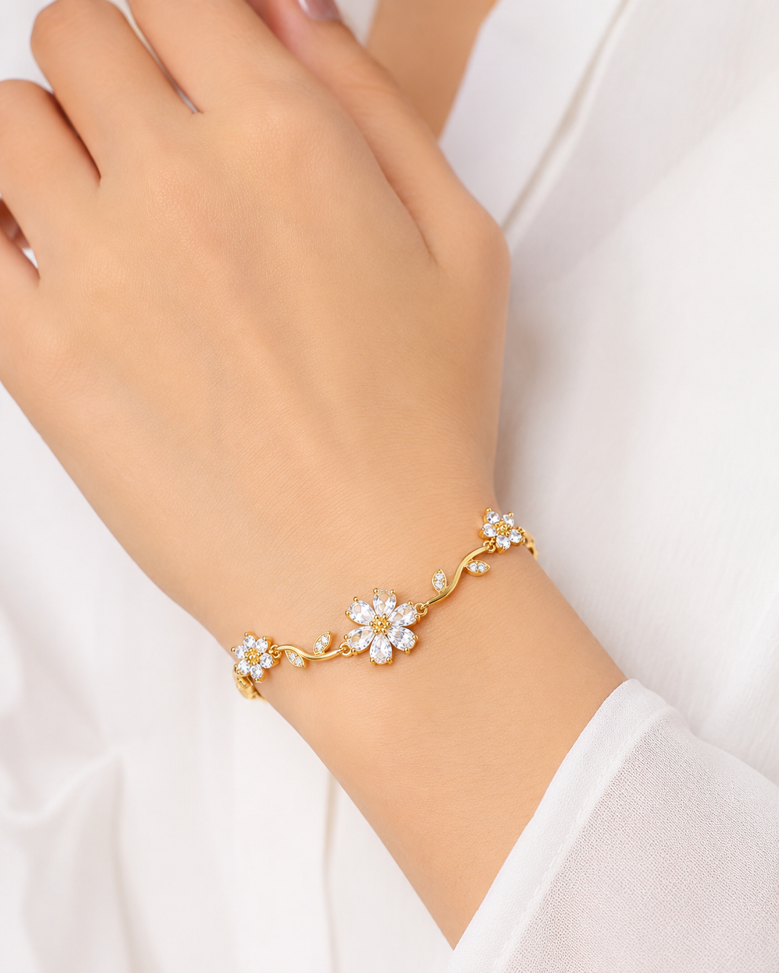 White Crystal Flower Tulip Anti Tarnish Bracelet for Women - Image 5