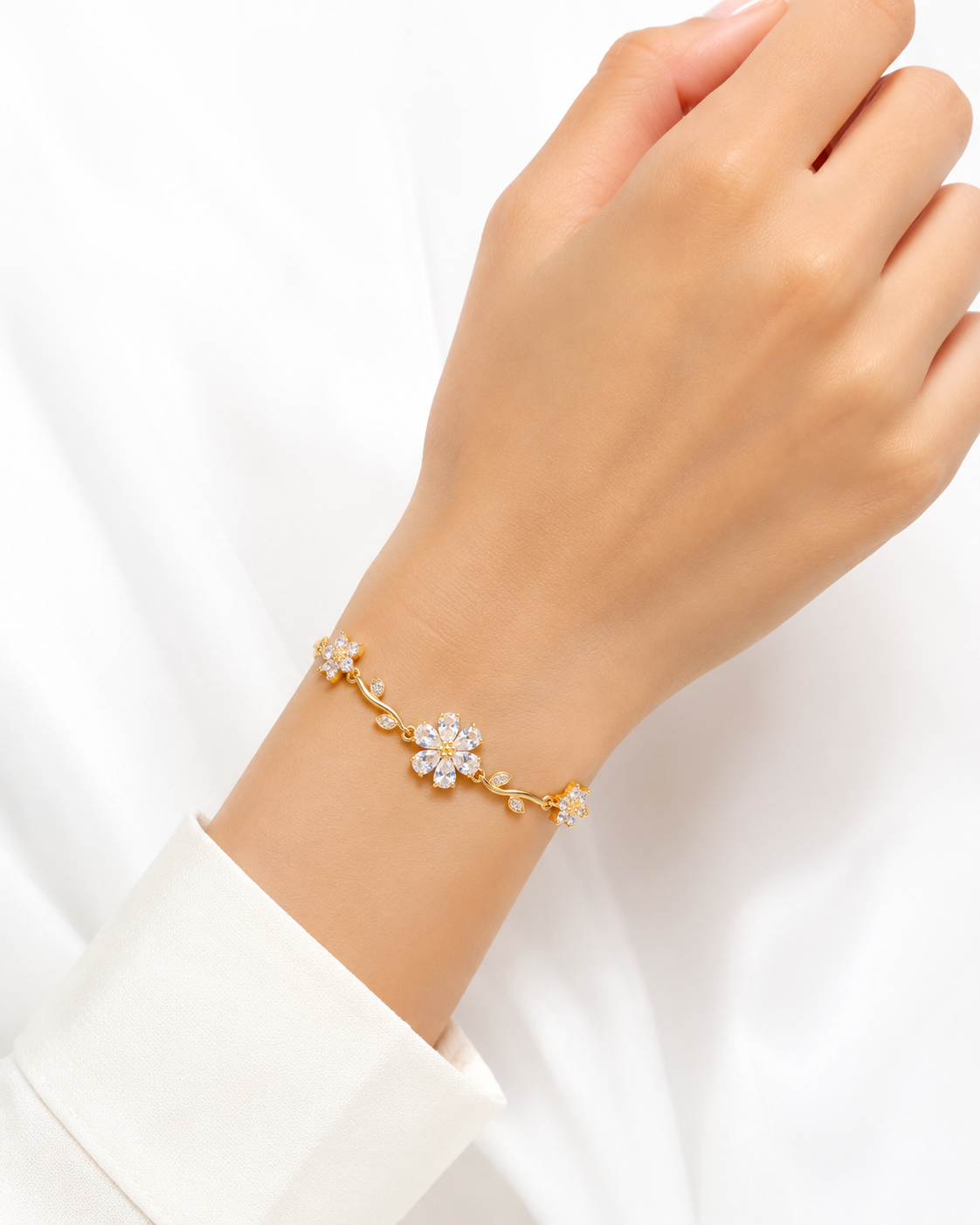 White Crystal Flower Tulip Anti Tarnish Bracelet for Women - Image 6