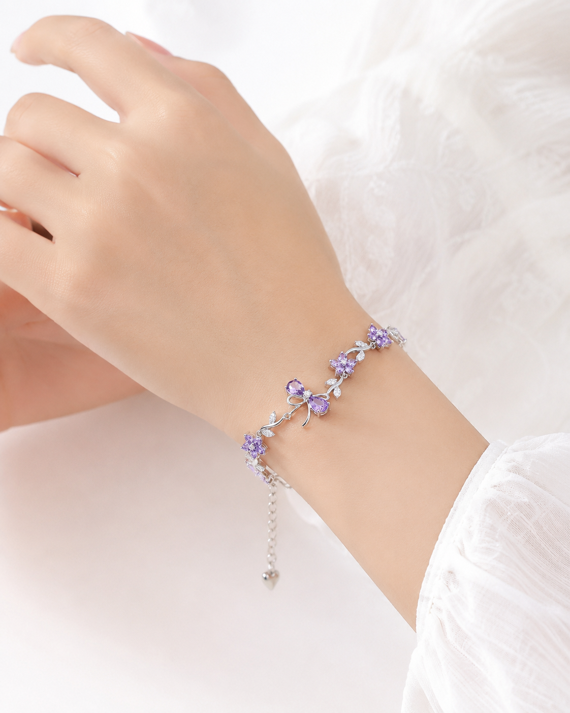 Purple Bow Tulip Bracelet in Silver | Anti Tarnish Jewellery - Image 2