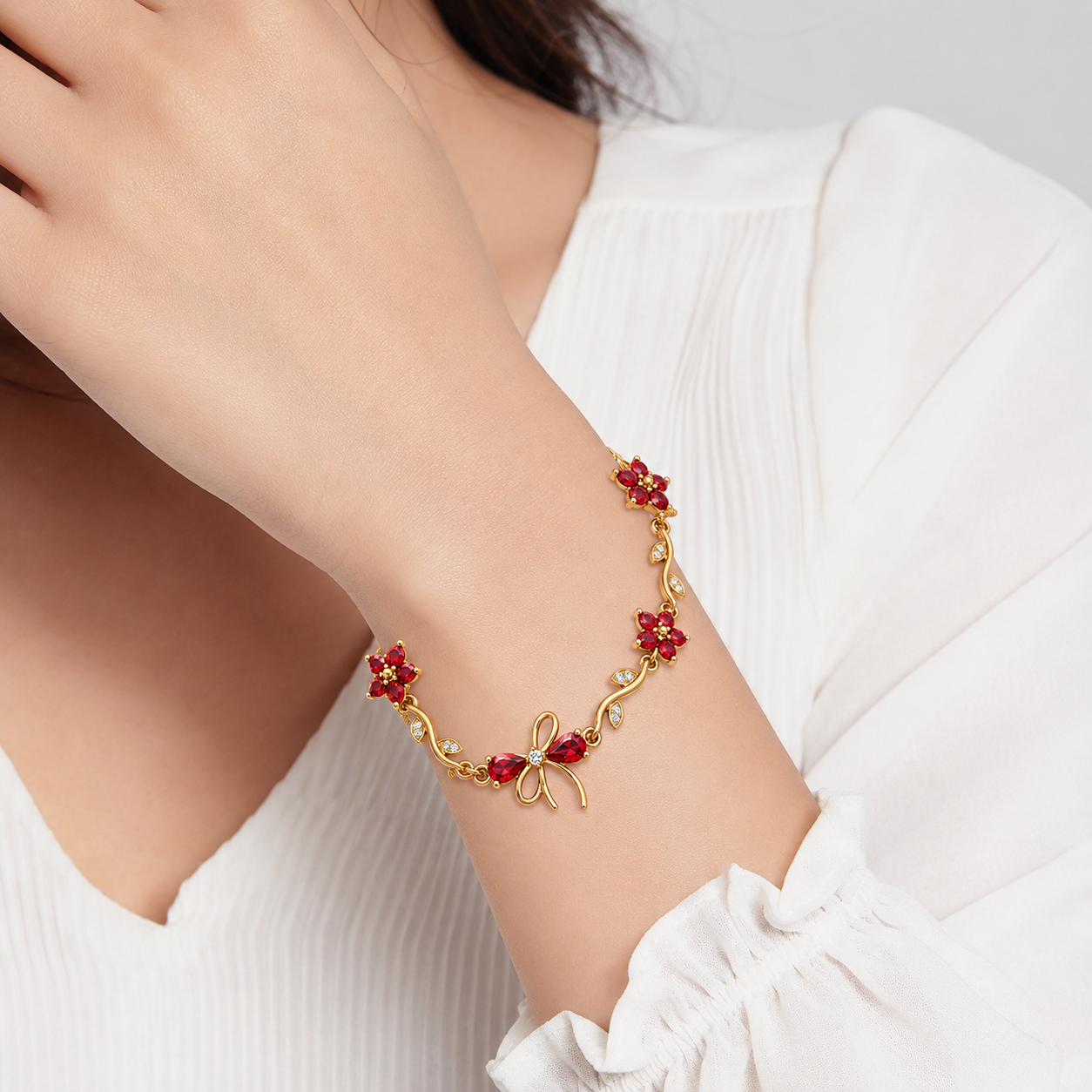 Red Bow Tulip Bracelet | Anti Tarnish Gold Bracelet - Image 2